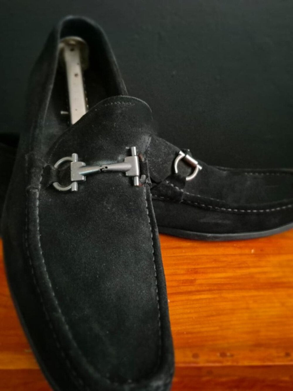 Salvatore Ferragamo Black Suede Loafers with a Gancini Buckle 11.5 - 1D